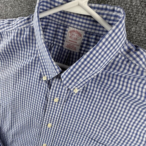 Brooks Brothers Non-Iron Cotton Check Button-Down 18.5 37 Madison Blue Shirt - Picture 3 of 13